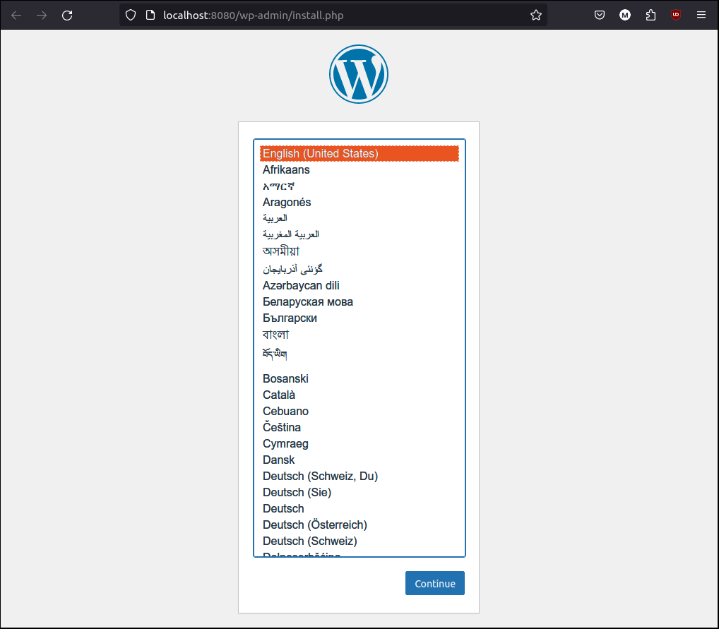 WordPress install start page