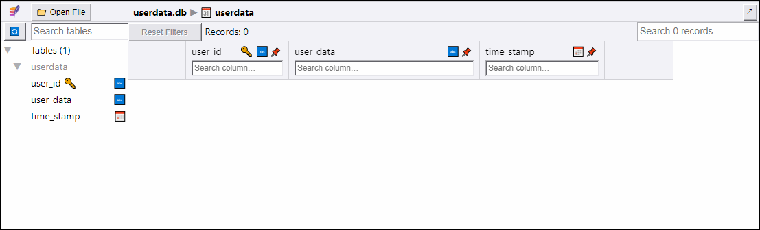 SQLite Viewer reading userdata.db database file