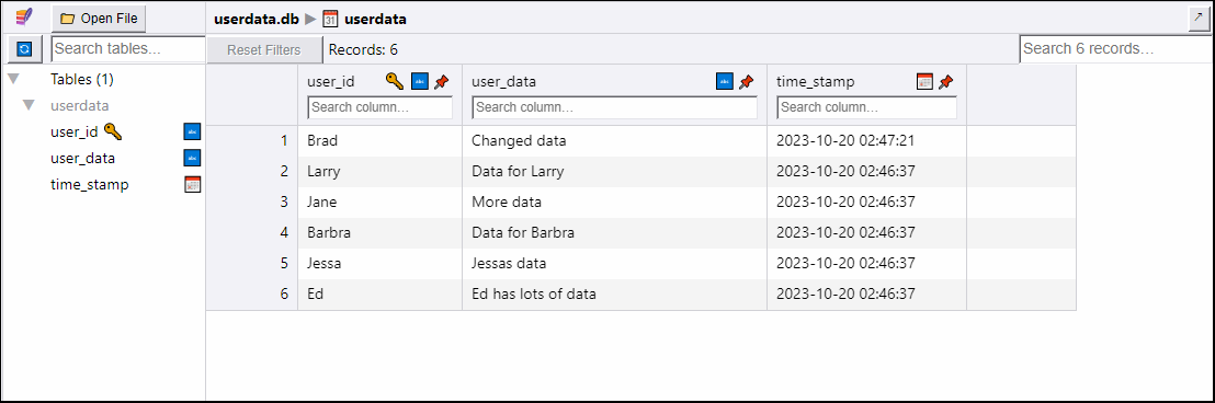 SQLite Viewer reading userdata.db database file